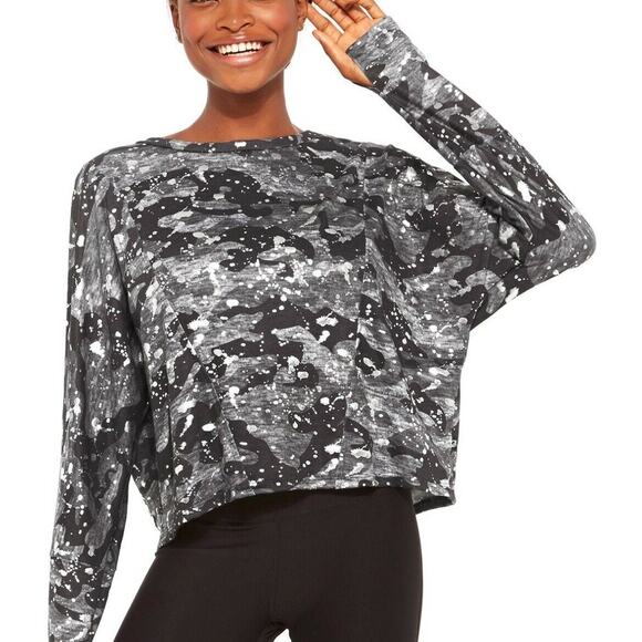 New ~ TEREZ ~ Silver Foil Splatter Cropped Camo Sweatshirt Size S - Picture 1 of 11